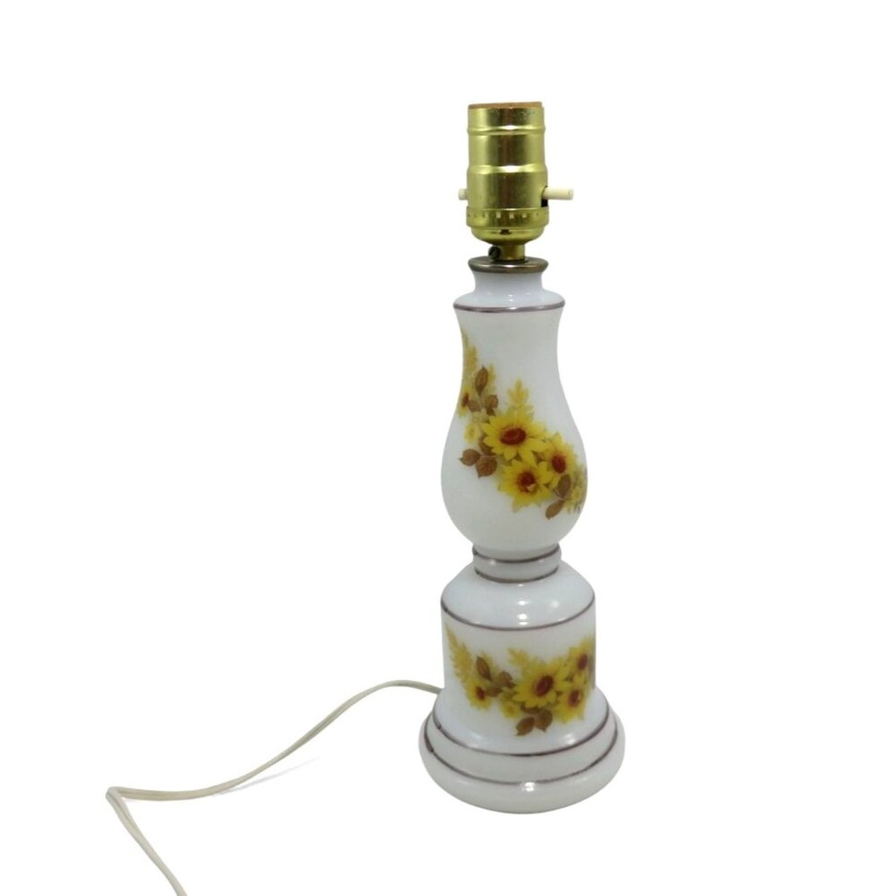 White Milky Glass Lamp With Yellow Orange Flowers Daisies 12" Vintage